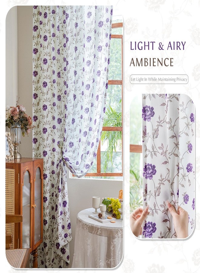 Beauoop Floral Sheer Curtains 54 Inches Long 2 Panels for Bedroom Living Room Purple Brown Flower Patterned Vintage Rose Light Filtering Silk-Like Rod Pocket Semi Voile Window Drapes, 52X54 2 Set - Image 3